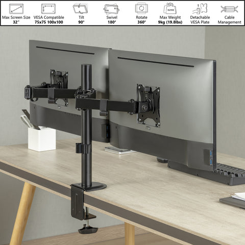 Easy Clamp Dual Monitor Mount Supports 17” - 32" Monitors 2EZCLAMP