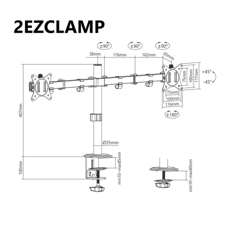 Easy Clamp Dual Monitor Mount Supports 17” - 32" Monitors 2EZCLAMP